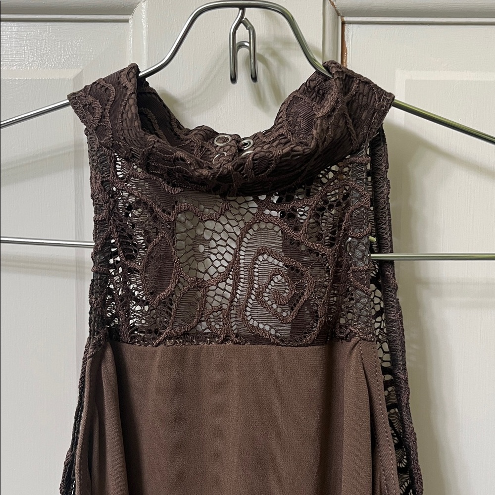 Brown Sleeveless Jumpsuit Bodysuit with Lace Detail Dance Costume